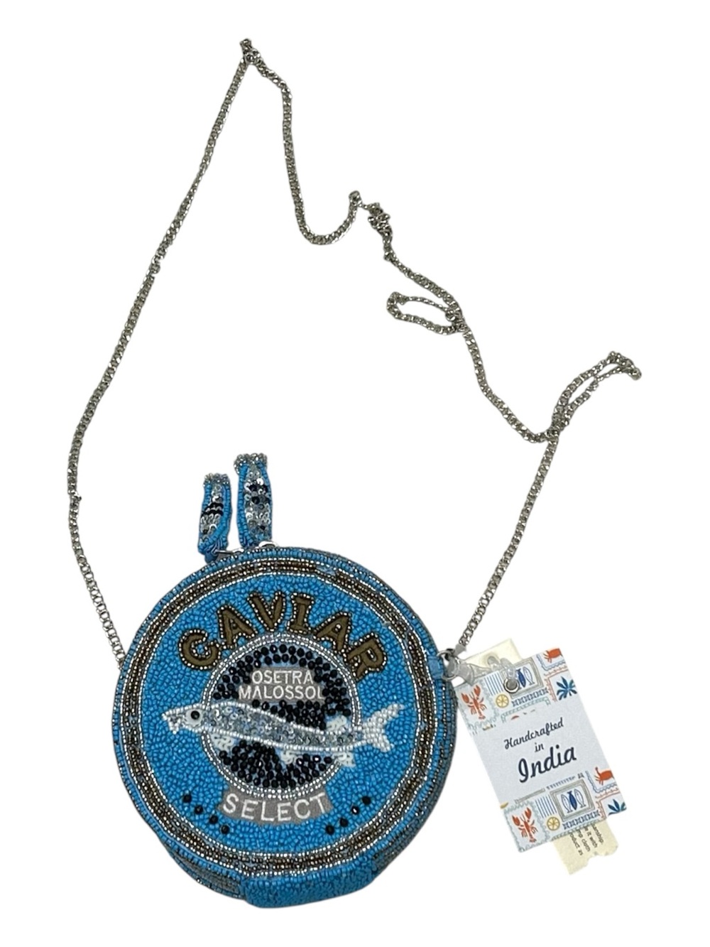 NWT Blue Caviar Tin Beaded Crossbody Bag with silver chain - RARE Viral TikTok